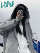 Lunivop Oversized Solid Zip Up Hoodies Women Harajuku Streetwear Grey Hooded Sweatshirts Casual